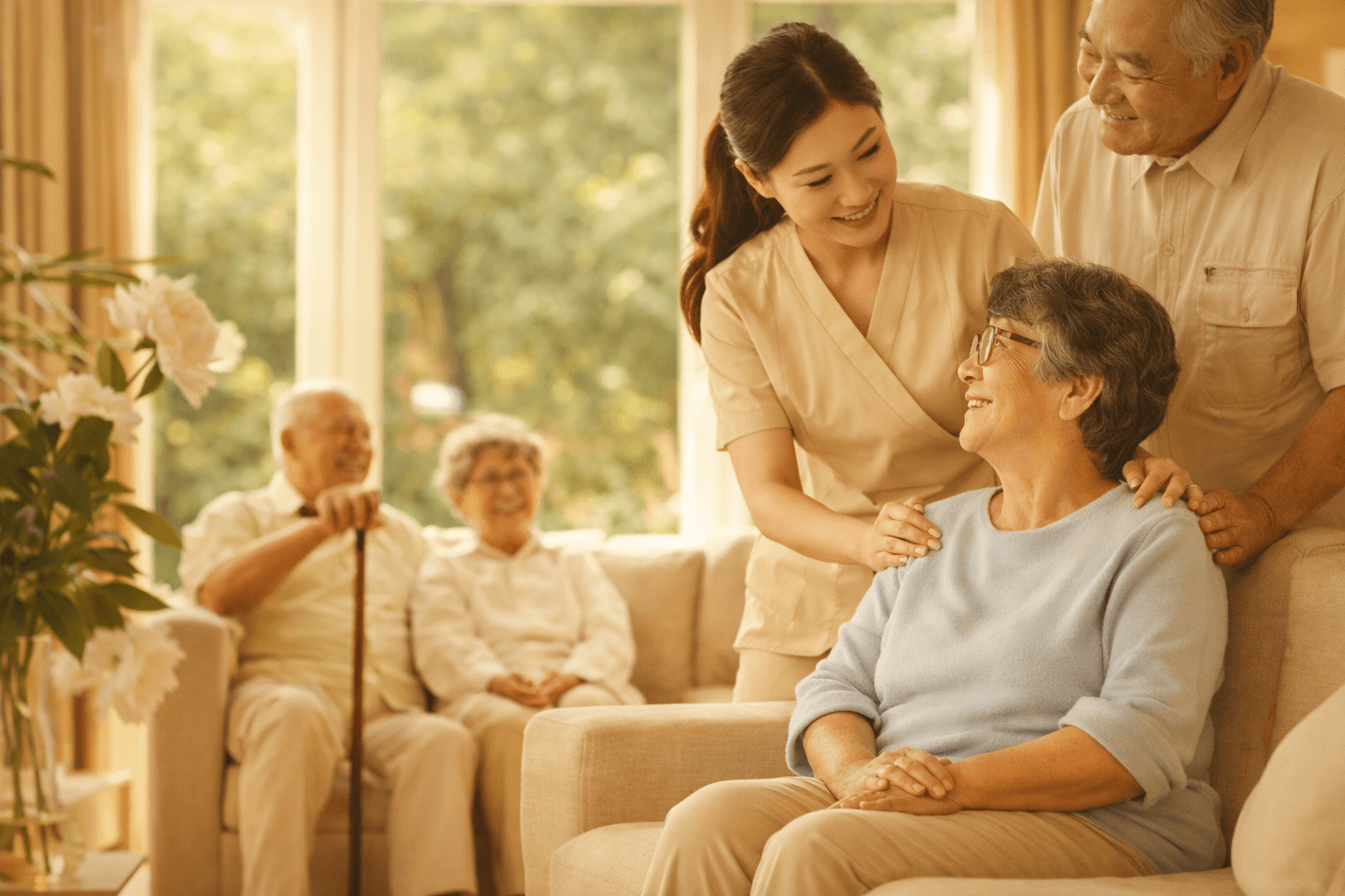 A young nurse warmly assists elderly residents in a sunlit care home — Golden Sunrise Senior Life, Ho Chi Minh City